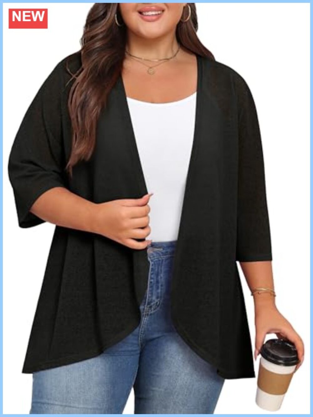 Plus Size Lightweight Polyester Open Front 3/4 Sleeve Bolero Shrug Cardigan